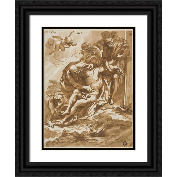 Domenico Piola 15x18 Black Ornate Wood Framed Double Matted Museum Art Print Titled - Descent from the Cross
