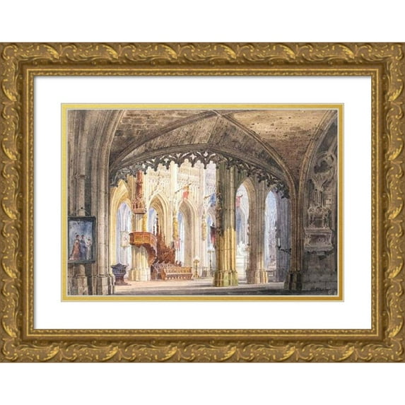 Domenico Quaglio 18x14 Gold Ornate Wood Frame and Double Matted Museum Art Print Titled - View of the Nave of a Gothic Cathedral