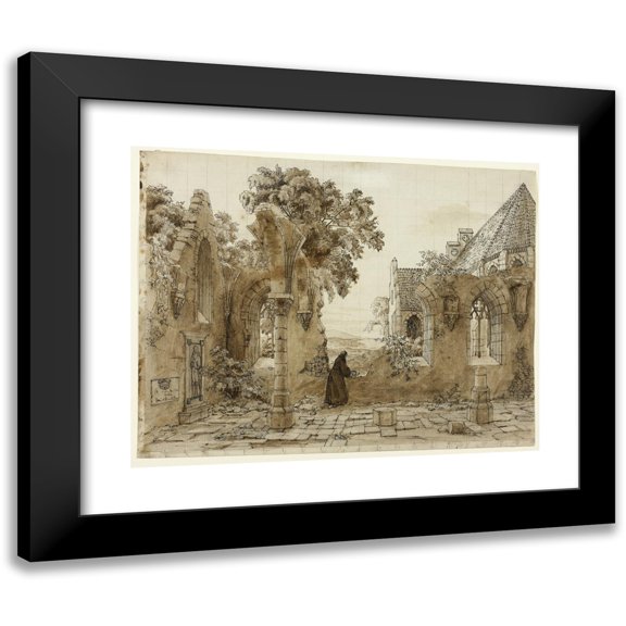 Domenico Quaglio the Younger 24x20 Black Modern Framed Museum Art Print Titled - Monk in the Ruins of a Monastery (1820-1830)
