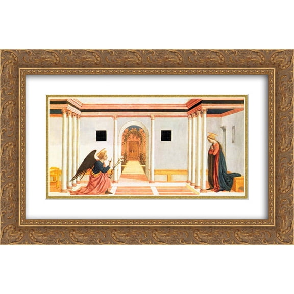Domenico Veneziano 2x Matted 24x16 Gold Ornate Framed Art Print 'The Annunciation, predella panel from the St. Lucy Altarpiece'