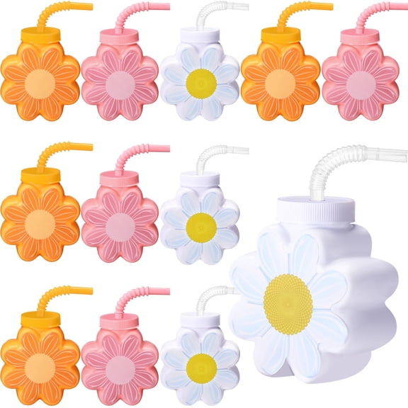 Domensi 12 Pcs Daisy Themed Party Favor Gift Daisy Flower Cups with Lids and Straws,10 oz Chrysanthemum Flower Plastic Cups for Birthday Party, Wedding Baby Shower Party Decorations Y102