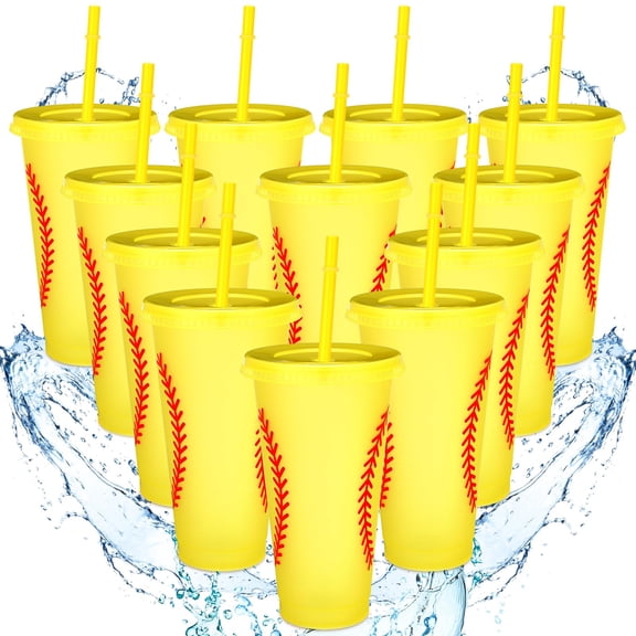 Domensi 12 Pcs Yellow Softball Sport Ball Plastic Tumbler with Lid and Straw 24oz Reusable Plastic Cups Gifts for Fan Friend Birthday Sport Party Gifts Supplies Y101