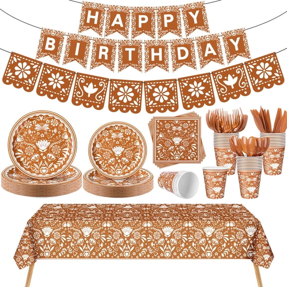 Domensi 144 Pcs Mexican Birthday Party Decoration Supplies 20, Mexican Floral Cielito Lindo Paper Plates Napkins Cups Banner Papel Picado Tablecloth Cutlery Fiesta Birthday Tableware(Terracotta) Y101