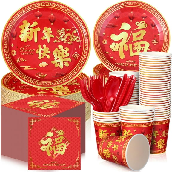Domensi 180 Pcs Chinese New Year Party Supplies Napkins Cups Serve 30 Happy New Year Party Disposable Paper Dinner Dessert Lunar Years Paper Napkins Cups Plastic Cutlery Set(Bright) Y102