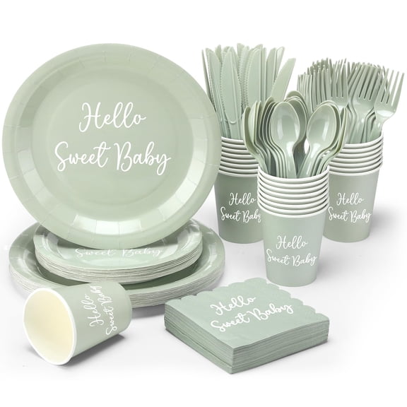 Domensi 194 Pcs Hello Sweet Sage AFN1Green Baby Shower Party Supplies Include 48 Disposable Paper Plates 24 Paper Cups 9 oz 24 Set Forks Knives Spoons 50 Sage Green Napkin, Serves 24