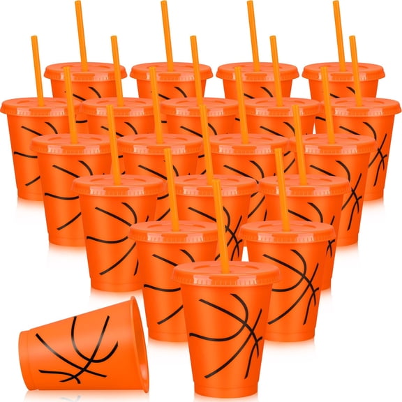 Domensi 20 Pcs Basketball Party Favor Cups Bulk 16 oz Basketball Cups Reusable Plastic Tumbler with Lid and Straw for Team Fan Coach Friend Men Women Gifts Party Favor Decoration Supplies Y102