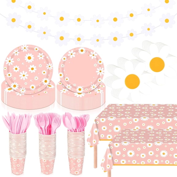 Domensi 214 Pcs Daisy Party Supplies Set Includes Daisy Paper Plates and Napkins, Cups, Cutlery, Tablecloths, Banner for Groovy Birthday Party Baby Shower Decorations, Serves 30 Y102