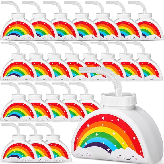 Domensi 24 Pack Rainbow Party Cups with Lids for Kids, 10oz Reusable Plastic Tumblers for Rainbow Birthday Party Favors, Baby Shower, School Event, Kindergarten, Christian Charity Donation Y201
