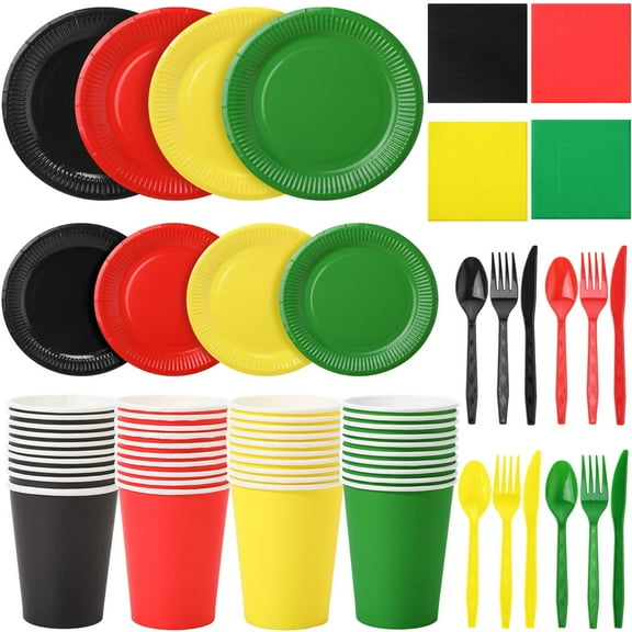 Domensi 280 Pieces Black Red Green Yellow Paper Plates and Napkins Cups Plastic Forks Knives Spoons Disposable Tableware Pack for Black History Month Jamaica Rasta Kwanzaa Party Supplies Y102