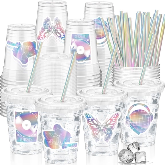 Domensi 50 Pcs Singer Birthday Party Pink Purple Music Theme Party Cups Holographic Birthday Supplies 12 oz Disposable Plastic Cup with Lid Straw Concert Guitar Disco Iridescent for Singer Fans Y114
