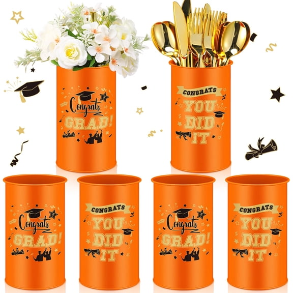 Domensi 6 Pcs 2025 Graduation Table Centerpiece Vase Decorations Class of 2025 Galvanized Metal Tin Vases for Artificial Flowers Grad Caps Cutlery Utensil Holder for Party Supplies Gifts(Orange) Y102