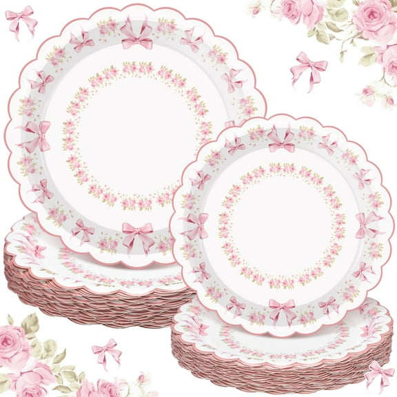 Domensi 60 Pcs Coquette Bow Floral AFN1Plates 9'' 7'' Pink Bow Side Paper Plates Birthday Party Decorations Vintage Rose Floral Dessert Tea Party Supplies for Baby Shower Bachelorette Wedding