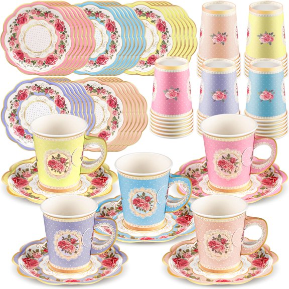Domensi 60 Pieces Tea Party Decorations AFN1Include 30 Pcs 9 oz Paper Cups with Handle and 30 Pcs Tea Party Paper Plates Disposable Blossom Teacups and Saucers for wedding Favors(Bright Style)