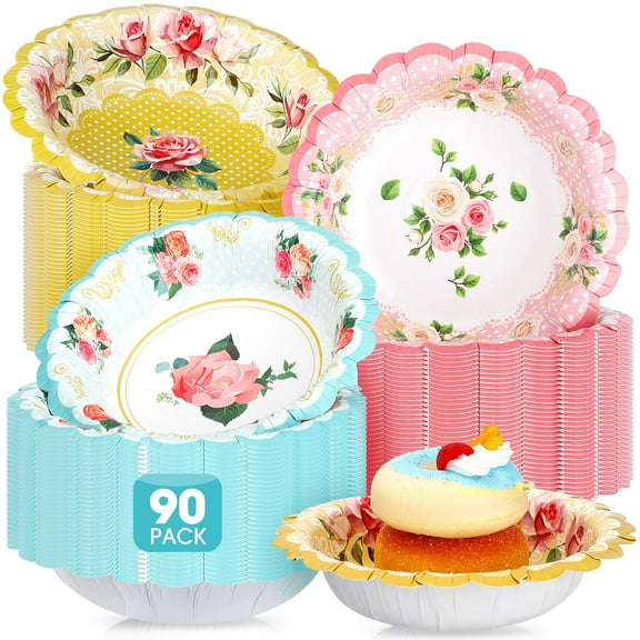 Domensi 90 Pcs Tea Party Paper AFN1Bowls 12oz Floral Vintage Soup Bowl Pink Blue Yellow Flower Disposable Food Bowls for Tea Party Wedding Mom Birthday Baby Shower Spring Holiday