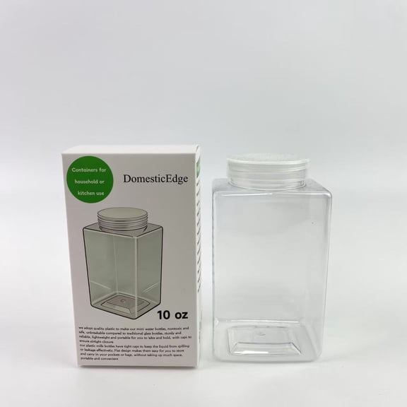 DomesticEdge Containers for household or kitchen use,Plastic Bottles with Caps, Clear Juice Bottles Flat Water Bottle Plastic Reusable Mini Beverage Container for jams and jellies (10 oz)
