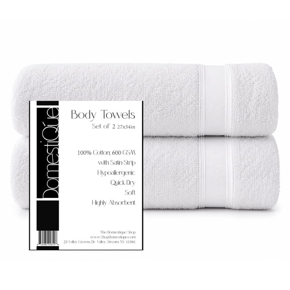 Domestique 100% Cotton Bath Towel Set – Premium White, 27x54 Inch, Set of 2 – Ultra Soft, Absorbent Body Towels for Bathroom, Spa, Hotel, and Gym