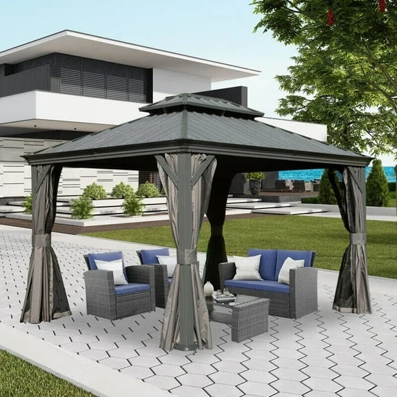 Domi 10' X 12' Permanent Gazebo Pavilion, Metal Hardtop Gazebo with Galvanized Steel Double Roof Canopy, Built-in Drainage Gutter, Curtain and Netting，Gray