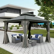 Domi 10 X 12 Permanent Gazebo Pavilion, Metal Hardtop Gazebo with Galvanized Steel Double Roof Canopy, Built-in Drainage Gutter, Curtain and Netting Gray