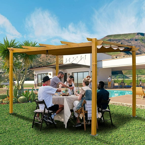 Domi 10' X 13' Outdoor Retractable Pergola Canopy, Aluminum Patio Pergola, Sun Shade Shelter for Backyards, Gardens, Patios, Deck, Ideal for BBQ, Party, Beach and More, Wood-Looking