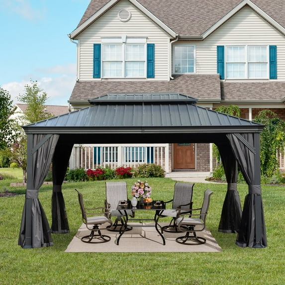 Domi 10' X 14' Permanent Gazebo Pavilion, Metal Hardtop Gazebo with Galvanized Steel Double Roof Canopy, Built-in Drainage Gutter, Curtain and Netting,Gray