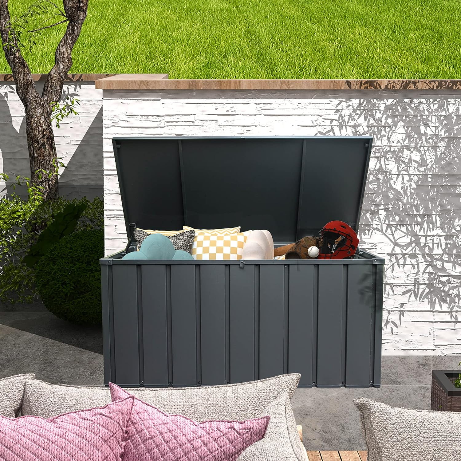 Domi 100 Gallon Outdoor Storage Deck Box Waterproof Lockable Large Patio Storage Bin for Outside Cushions Garden Tools Dark Gray Walmart Business Supplies