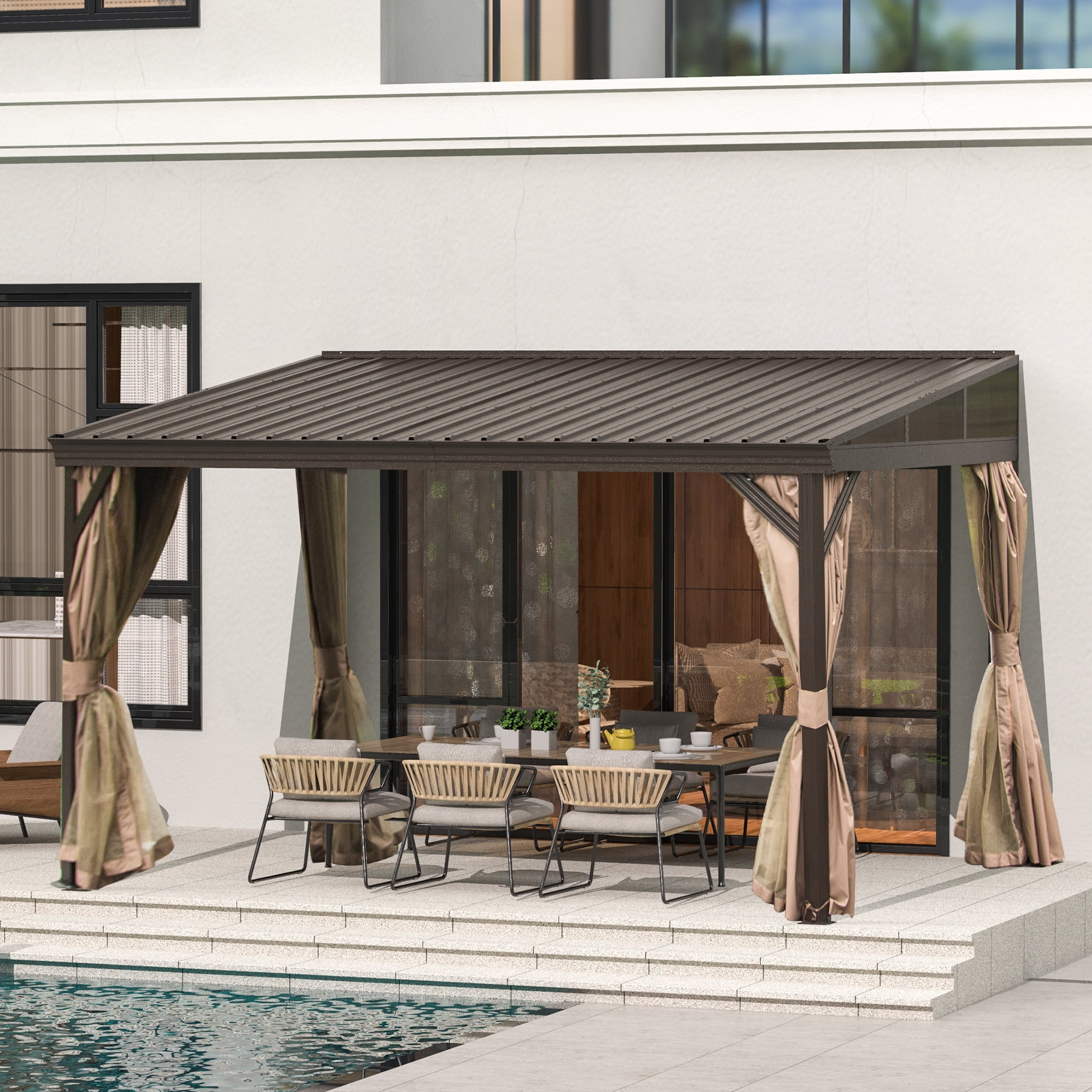 Domi 10x12FT Lean to Gazebo, Hardtop Wall Mounted Gazebo with Sloping