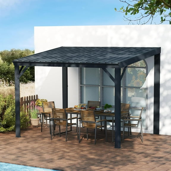 Domi 10x12FT Lean to Gazebo, Outdoor Hardtop Wall Mounted Gazebo with Sloping Galvanized Steel Roof, Upgraded Heavy Duty Mounted Shelter with Drainage System for Deck, Porch, Backyard