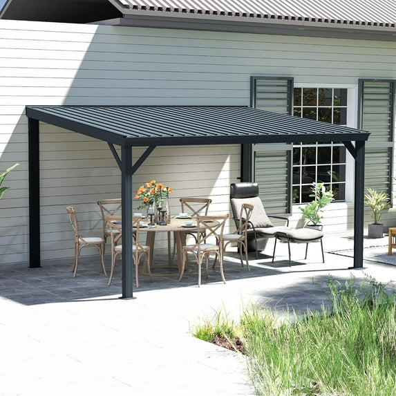 Domi 10x14FT Lean to Gazebo, Outdoor Hardtop Wall Mounted Gazebo with Sloping Galvanized Steel Roof, Upgraded Heavy Duty Mounted Shelter with Drainage System for Deck, Porch, Backyard