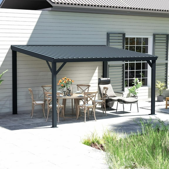 Domi 10x14FT Lean to Gazebo, Outdoor Hardtop Wall Mounted Gazebo with Sloping Galvanized Steel Roof, Upgraded Heavy Duty Mounted Shelter with Drainage System for Deck, Porch, Backyard