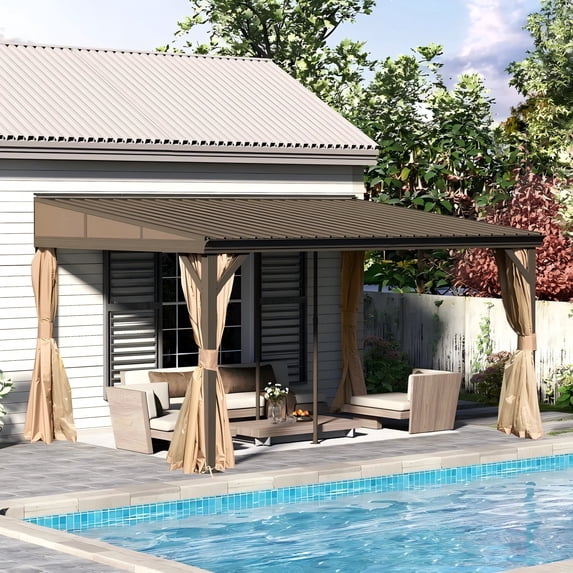 Domi 10x14FT Lean to Gazebo, Outdoor Hardtop Wall Mounted Heavy Duty Canopy with Sloping Galvanized Steel Roof, Aluminum Frame Mounted Gazebo, Netting and Curtain Included for Deck, Porch, Backyard