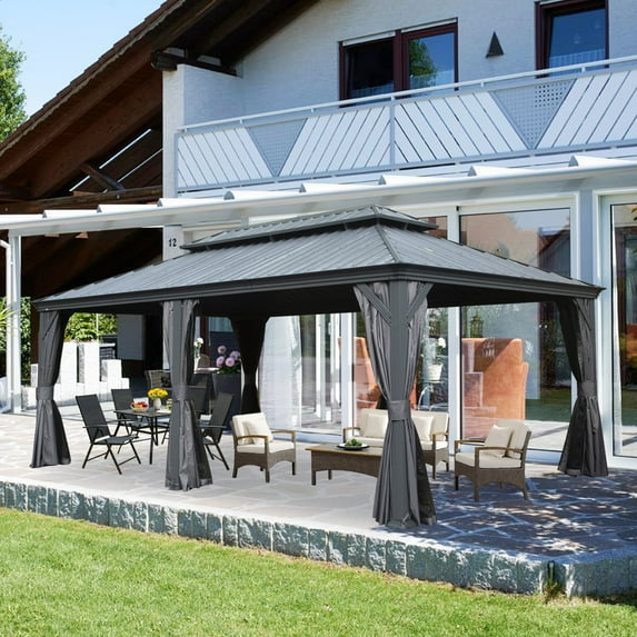 Domi 12' X 20' Permanent Gazebo Pavilion, Metal Hardtop Gazebo with Galvanized Steel Double Roof Canopy, Built-in Drainage Gutter, Curtain and Netting,Gray