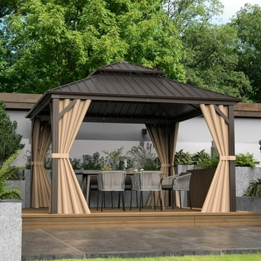 Domi 12'x12' Hardtop Gazebo Canopy Metal,Outdoor Aluminum Gazebo with Galvanized Steel Double Roof,Curtain and Netting,Permanent Gazebo Pavilion for Patio Deck,Backyard(Brown)