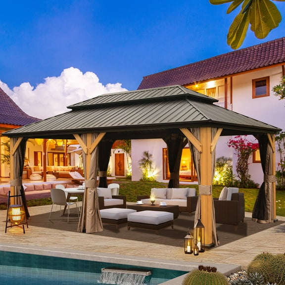 Domi 12x20 ft Wood Gazebo, Cedar Wood Frame Hardtop Gazebo with Galvanized Steel Double Roof, Outdoor Gazebo with Netting and Curtains, Patio Gazebo Pergola Pavilion for Patio, Backyard, Deck, Lawns