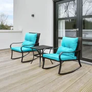 Domi 3 Pieces Bistro Set Outdoor Rocking Chair, All Weather Patio Wicker Furniture Set with Thickened Cushions, Steel Frame and 1 Table For Yard,Bistro Blue
