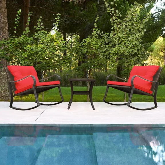 Domi 3 Pieces Bistro Set Outdoor Rocking Chair, All Weather Patio Wicker Furniture Set with Thickened Cushions, Steel Frame and 1 Table For Yard,Bistro(Red)