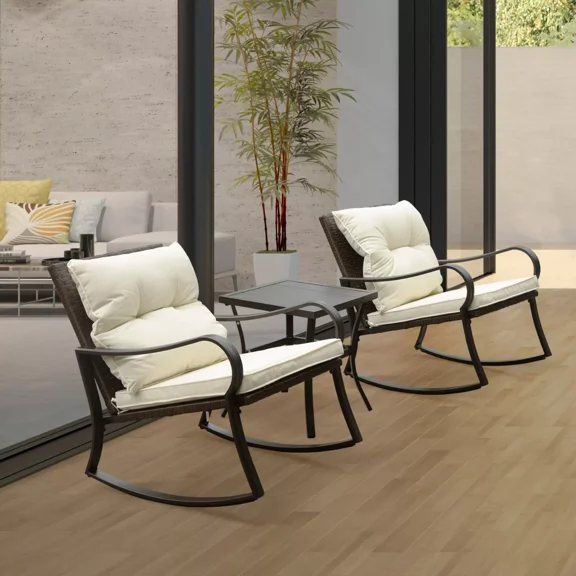 Domi 3 Pieces Bistro Set Outdoor Rocking Chair, All Weather Patio Wicker Furniture Set with Thickened Cushions, Steel Frame and 1 Table For Yard,Bistro（White）