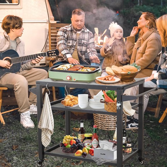 Domi 3-Shelf Outdoor Grill Table with Wheels, Rust-Proof Metal Cart for  Griddle, Pizza Oven Stand with Propane Hook and Tool Storage