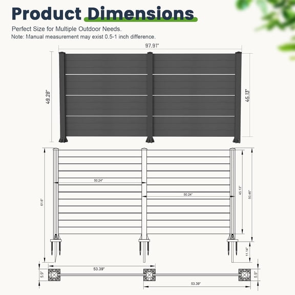 Domi 50 Inch Outdoor Privacy Screen Fence with Aluminum Posts, All-Weather Vinyl AC Unit Cover for  Garden, Dark Grey, 2 Panels