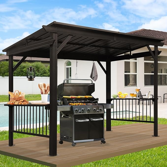 Domi 6.5x12FT Hardtop Grill Gazebo – Outdoor BBQ Canopy with 2 Side Shelves and Ceiling Hooks, Galvanized Steel Slope Roof for Patio, Lawn, Backyard, Deck – Brown