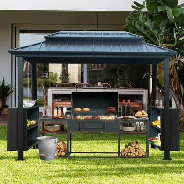 Domi 6' x 10' Hardtop Grill Gazebo, Outdoor BBQ Canopy with Galvanized Steel Double Roof, 2 Double-Layer Storage Cabinets, Ceiling Hooks,Permanent Metal Patio Gazebo for Backyard & Garden, Grey