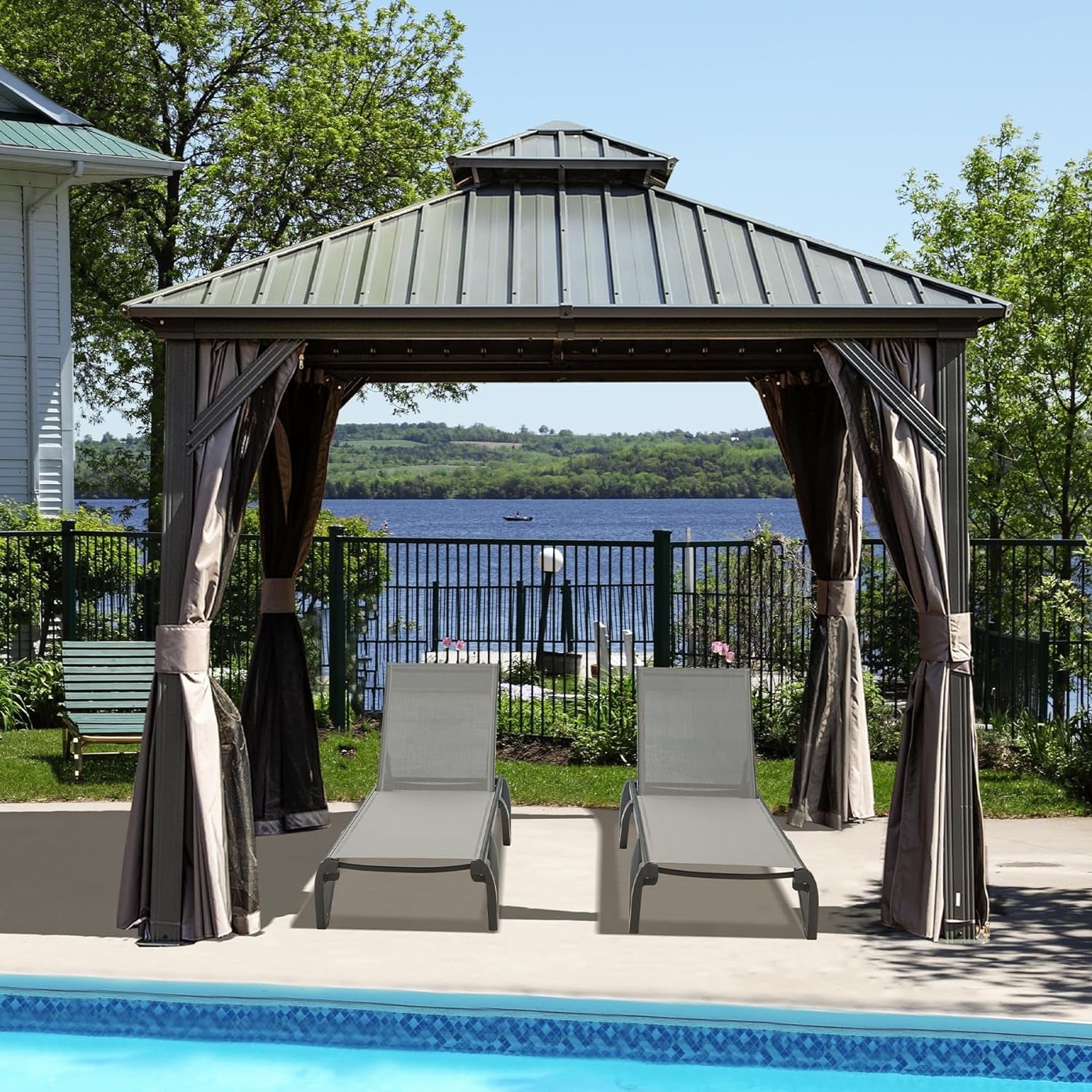 Domi 8'x8' Hardtop Gazebo with Netting & Curtains, Steel Double Roof ...