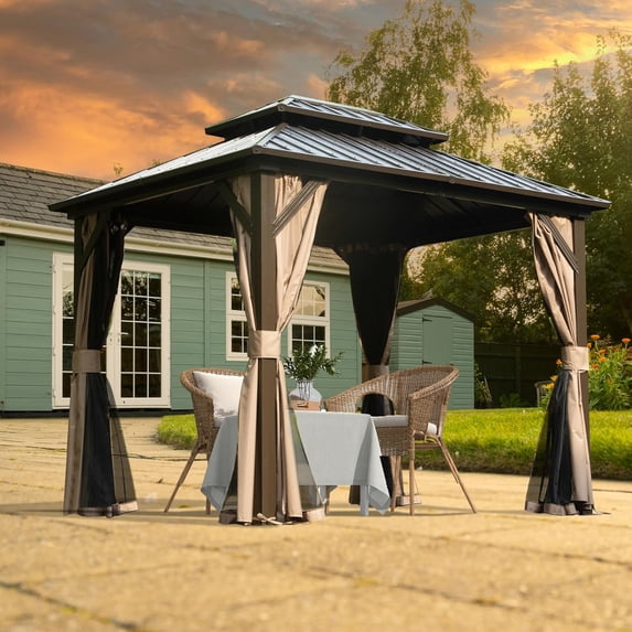 Domi 8' x 10' Hardtop Gazebo Permanent Metal Gazebo with Galvanized Steel Double Roof, Curtains and Netting for Party, Wedding, Outdoor Dining, Patio, Backyard, Brown