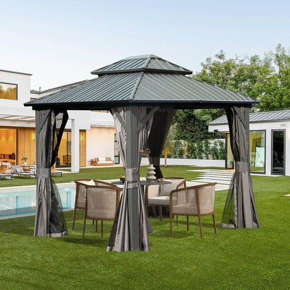 Domi 8' x 10' Hardtop Gazebo Permanent Metal Gazebo with Galvanized Steel Double Roof, Curtains and Netting for Party, Wedding, Outdoor Dining, Patio, Backyard, Grey