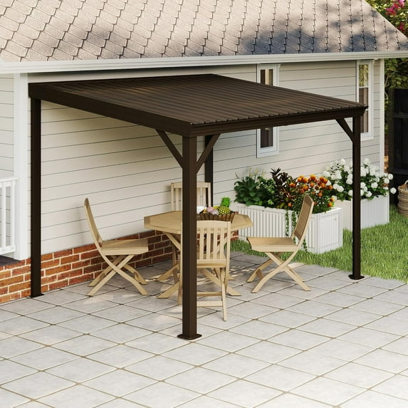 Domi 8x10FT Lean to Gazebo, Outdoor Hardtop Wall Mounted Gazebo with Sloping Galvanized Steel Roof, Upgraded Heavy Duty Mounted Shelter with Drainage System for Deck, Porch, Backyard, Brown