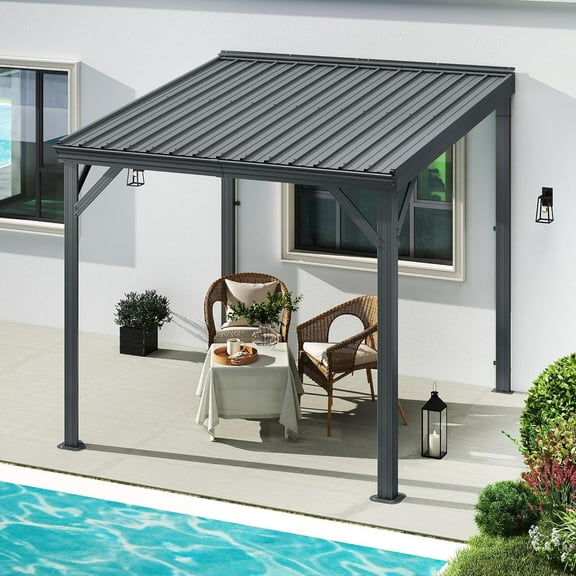Domi 8x8FT Lean to Gazebo, Outdoor Hardtop Wall Mounted Gazebo with Sloping Galvanized Steel Roof, Upgraded Heavy Duty Mounted Shelter with Drainage System for Deck, Porch, Backyard