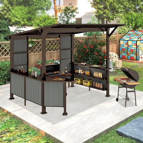 Domi 9x10 ft Hardtop Grill Gazebo, Metal BBQ Gazebo with Shelves and Side Platforms, Heavy-Duty Grill Canopy with Sloped Roof for Patio & Backyard, Brown