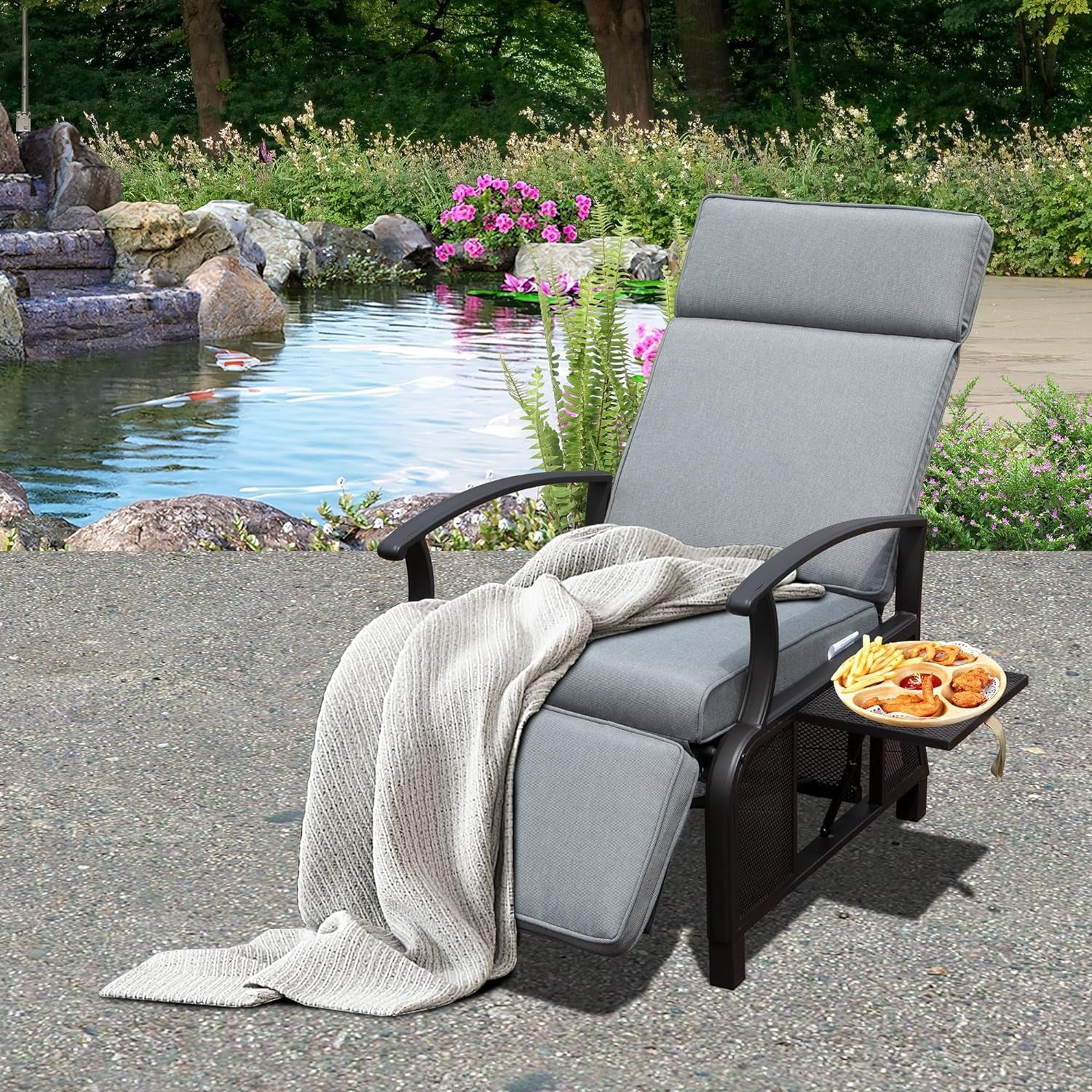 Domi Adjustable Patio Recliner Chair Metal Outdoor Lounge Chair with Flip Table Push Back Adjustable Angle Removable Cushions Support 350lbs 1 Gray Chair Walmart Business Supplies