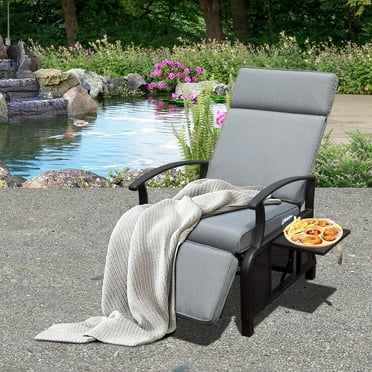 Domi Adjustable Patio Recliner Chair Metal Outdoor Lounge Chair with Flip Table Push Back, Adjustable Angle,Removable Cushions, Support 350lbs, (1 Gray Chair)