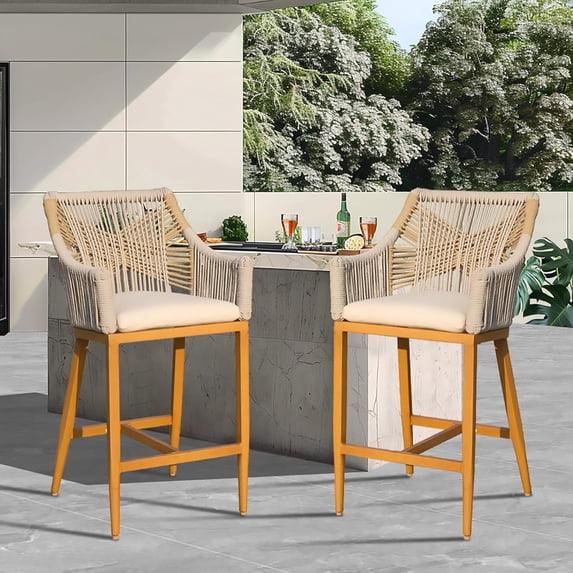 Domi Bar Stools Set of 2, Outdoor Counter Height Bar Chairs with Arm and Backrest, Aluminum Tall Bar stools with Cushion Modern Textilene Rope Boho Barstools for Garden, Pool, Patio, Kitchen