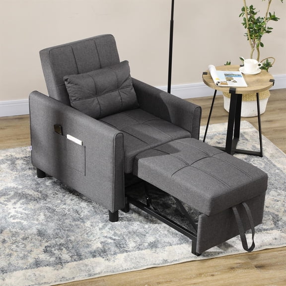 Domi Bonn 3-in-1 Convertible Chair Bed, Multi-Functional Single Sofa Bed, Pull Out Sleeper Chair with Adjustable Backrest, Pillow, and Pockets, Gray